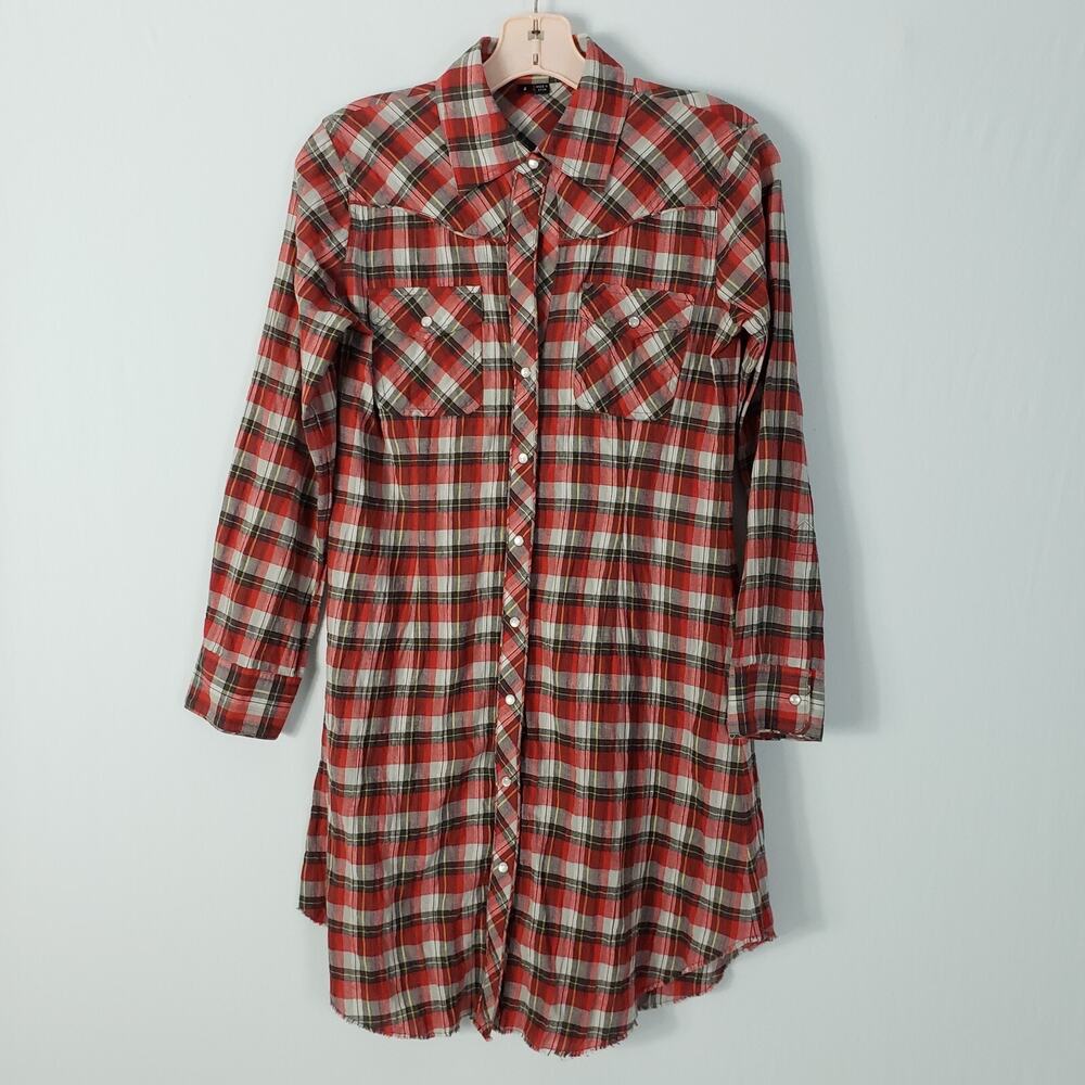 Theory Kenvel Henman Plaid Pearl Snap Dress Raw‎ Hem Western Womens Size 2